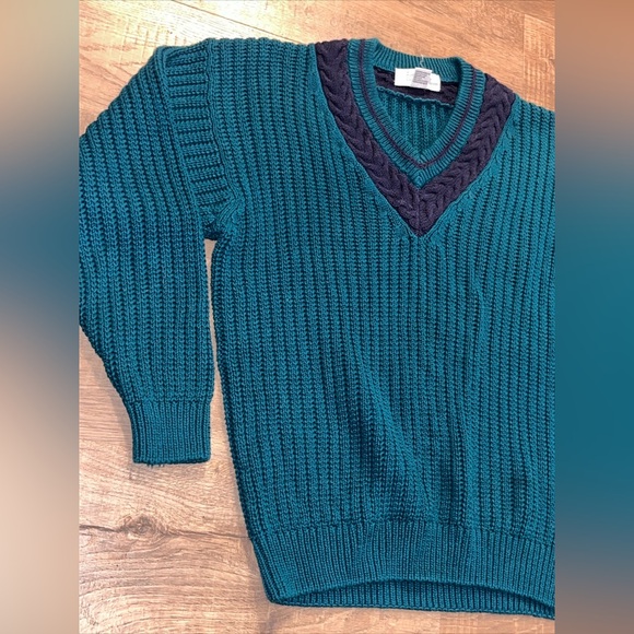 90s preppy blue striped tennis sweater Cable Knit Turquoise VNeck MEN Lg College - Picture 9 of 12